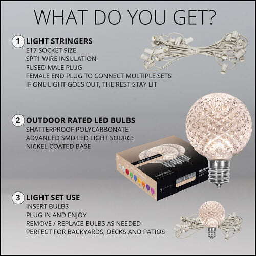 25' 3 Color Schemes OptiCore LED Patio String Light Set with G50 E17 Bulbs on White Wire x25