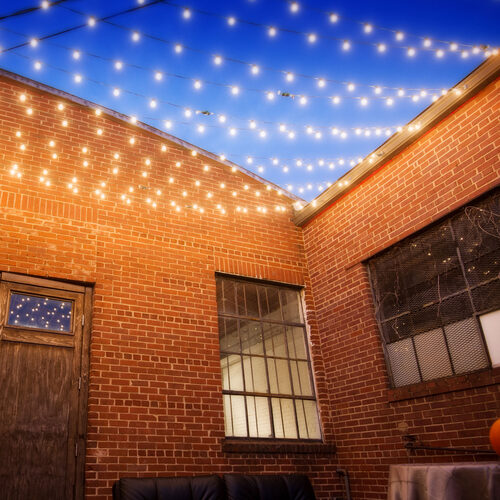 100' 3 Color Schemes OptiCore LED Patio String Light Set with 100 G50 Bulbs on Black Wire, E17 Base x100