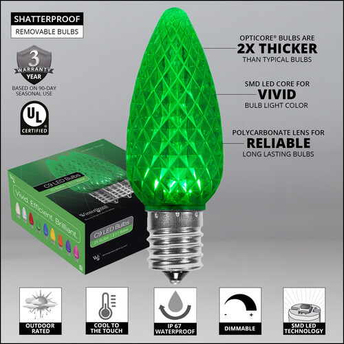 C9 Green Crystal OptiCore LED Bulbs x25