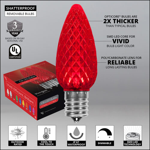 C9 Red Crystal OptiCore LED Bulbs x25
